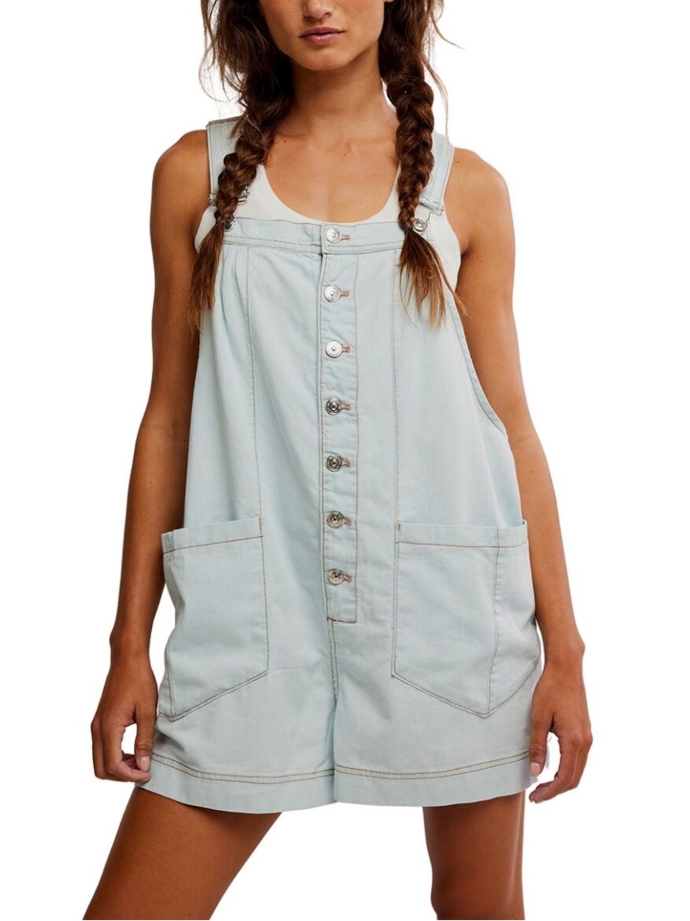 Free People Boho Light Wash Denim Button-Front shortalls, Small